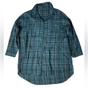 Boohoo Oversized Green Plaid Flannel Shirt Frayed Hem Size 6